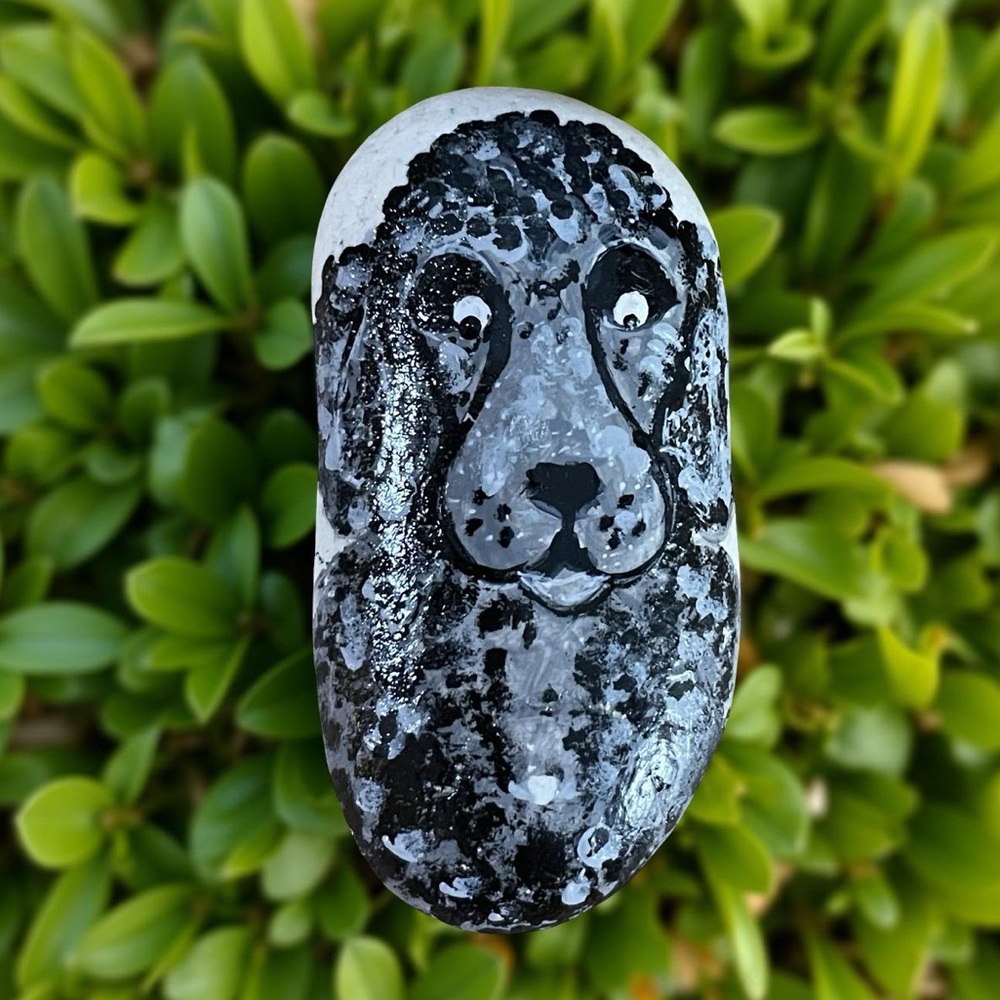 Hand crafted painted black poodle dog white rock fluffy curly puppy 1.5x2.5 inch